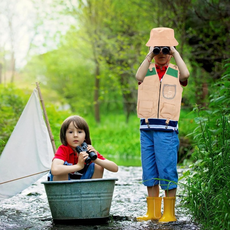 Outdoor Adventure Game - ชุดซาฟารีพร้อมเสื้อกั๊กและหมวก, ชุดนักสำรวจสำหรับเด็กชายและเด็กหญิง, ชุดเล่นบทบาทสมมติสำหรับการผจญภัยกลางแจ้งในสวนสาธารณะ