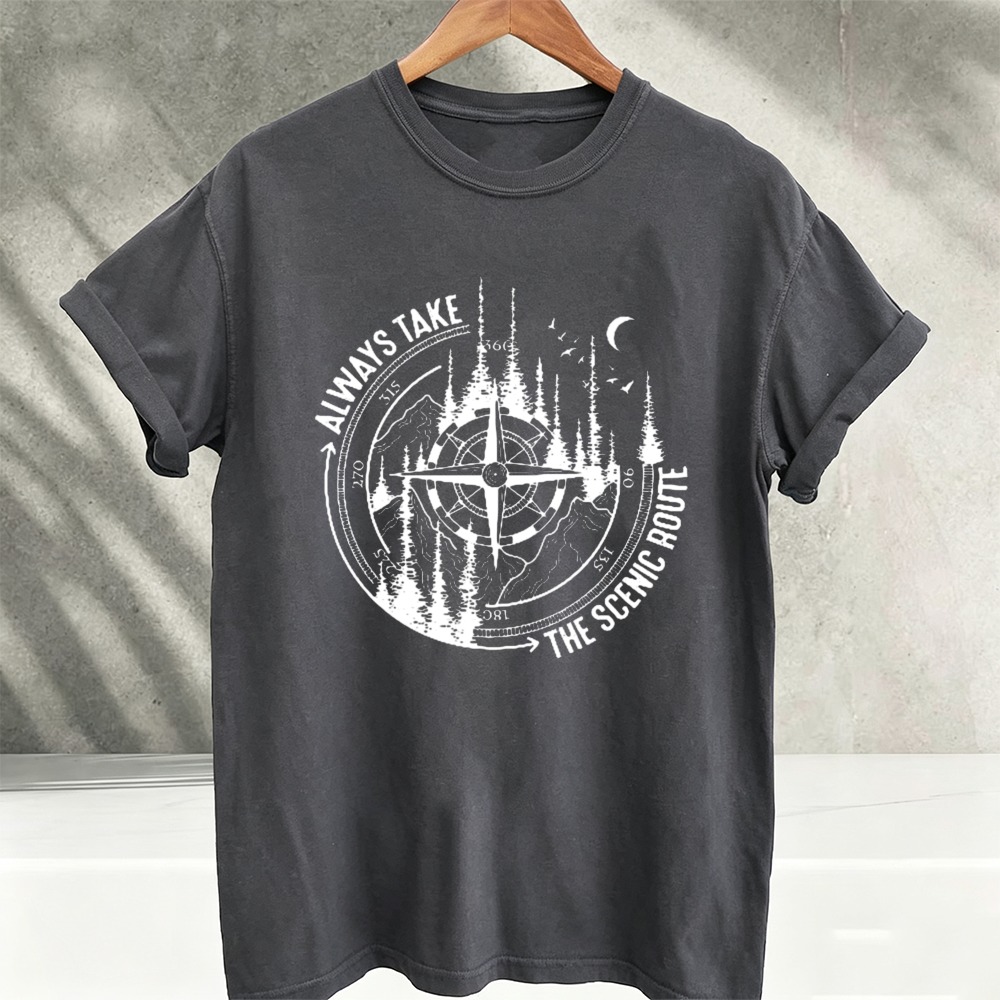 เสื้อยืดลายกราฟิกเข็มทิศป่าไม้ - Outdoor Adventure Quotes Short บทวิจารณ์และราคา